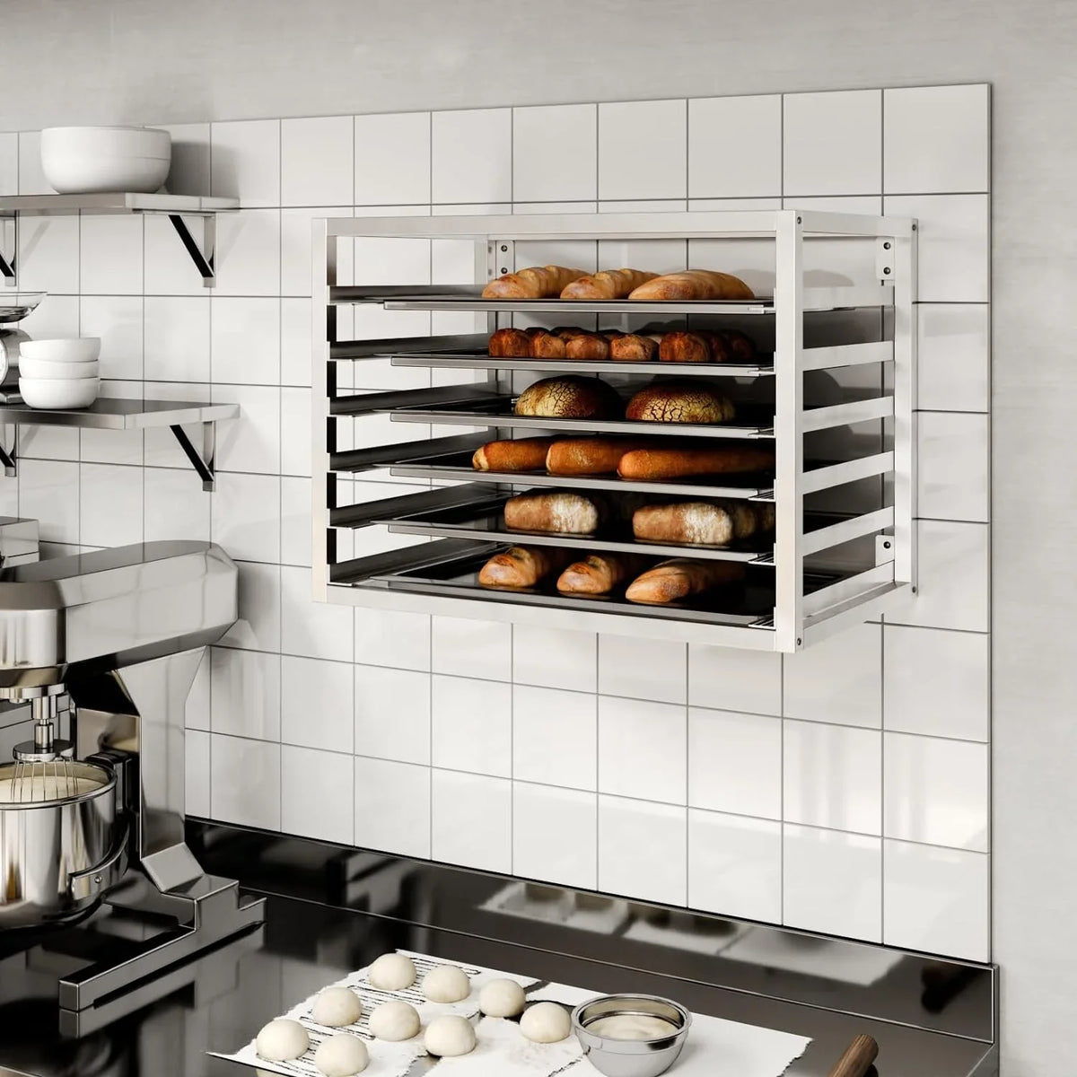 Fits 6 Full-Size Sheet Pans.. Wall Mounted Sheet/Bun Pan Rack - 28" x 18" x 21"