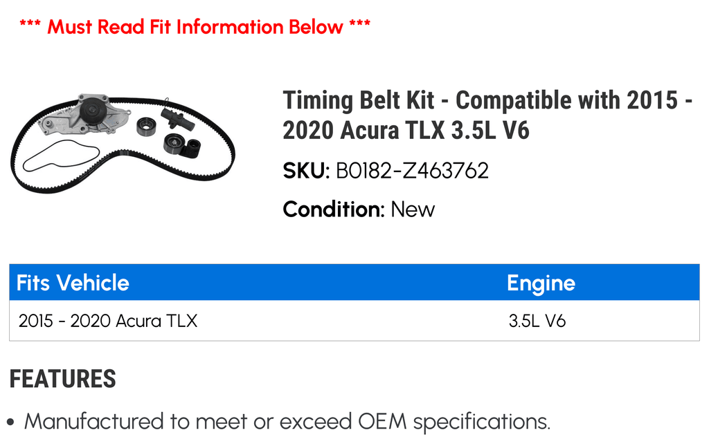 Timing Belt Kit - appropriate with 2015 - 2020 Acura TLX 3.5L V6 2016 2017 2018 2019