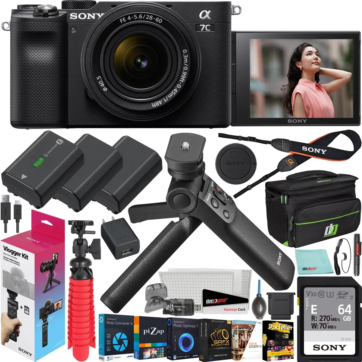 Wireless Remote + 2x Battery + Deco Gear Bag & Accessories.  a7C Mirrorless Full Frame Camera Body with 28-60mm F4-5.6 Lens Black ILCE7CL/B Bundle + Vlogger Kit ACCVC1: GP-VPT2BT Shooting Grip w