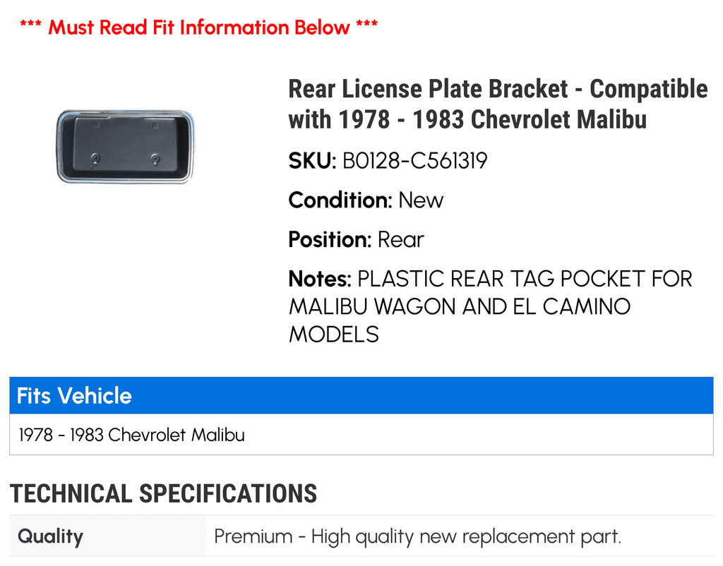 Rear License Plate Bracket - appropriate with 1978 - 1983 Chevy Malibu 1979 1980 1981 1982