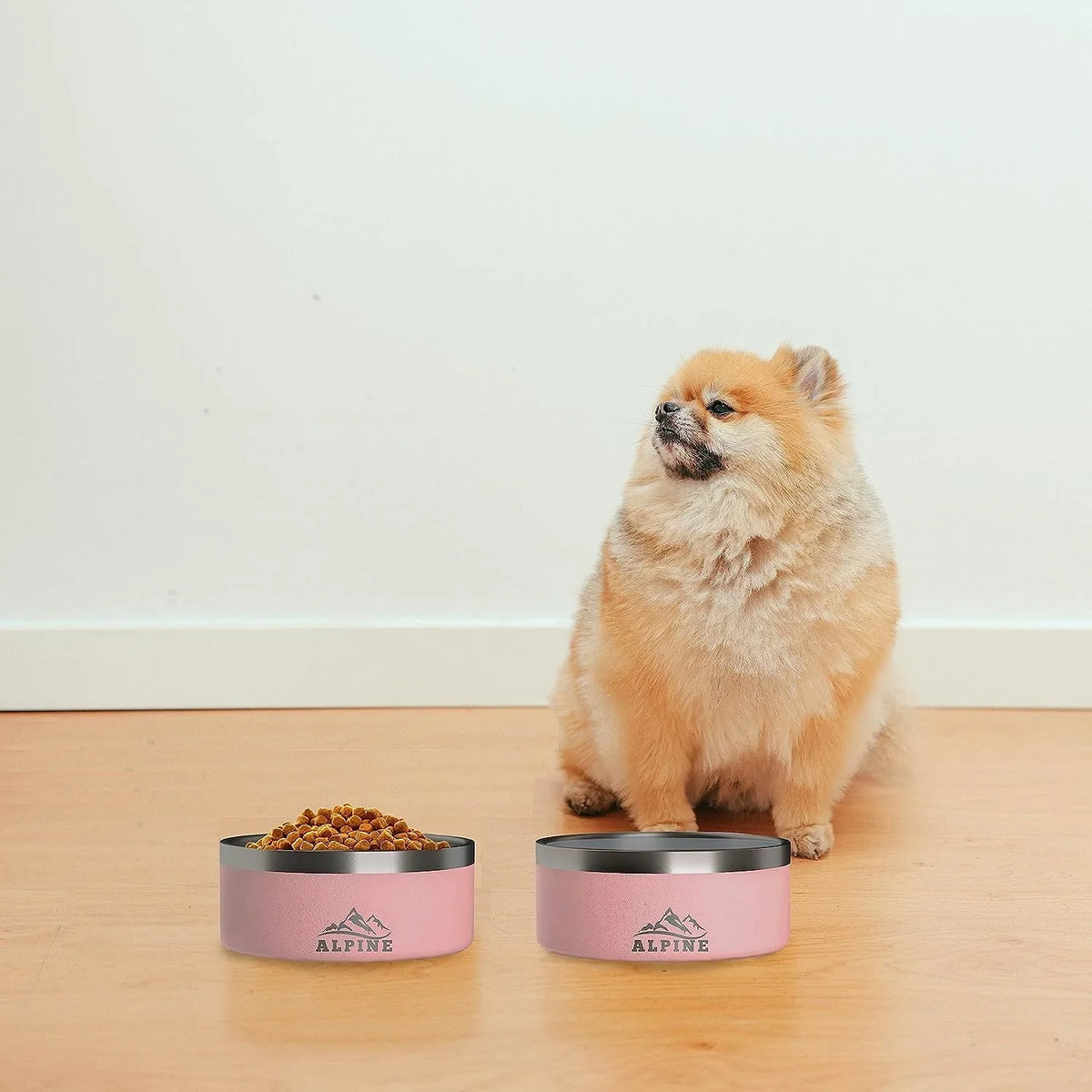 ALPINE Set of 2 Stainless Steel Dog Bowls, Non Slip, Metal Pet Bowl for Food and moisture, Double Walled Insulated, Rustproof, Dishwasher Safe (32 oz, Pink)