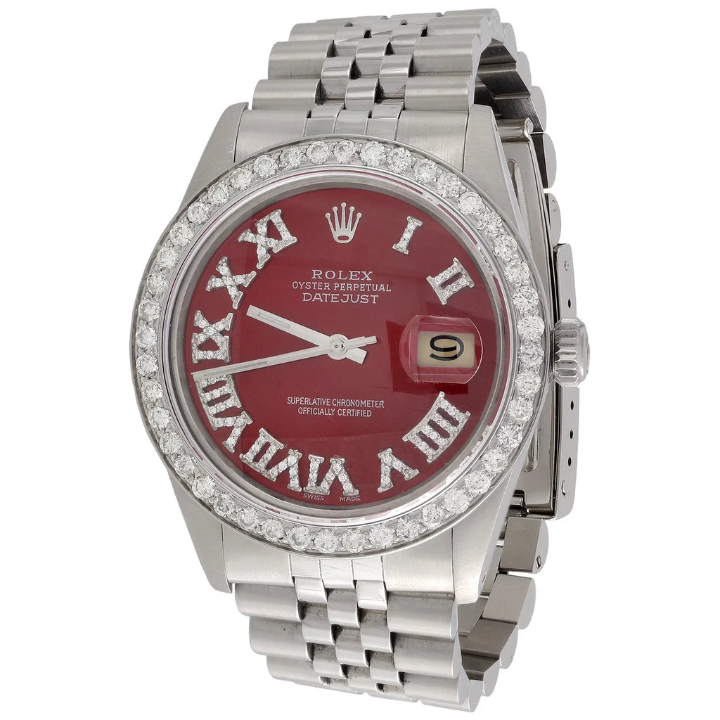 Diamond Roman Numeral Red Dial to Fit DateJust Rolex 36mm Quick Set 1/2 CT.
