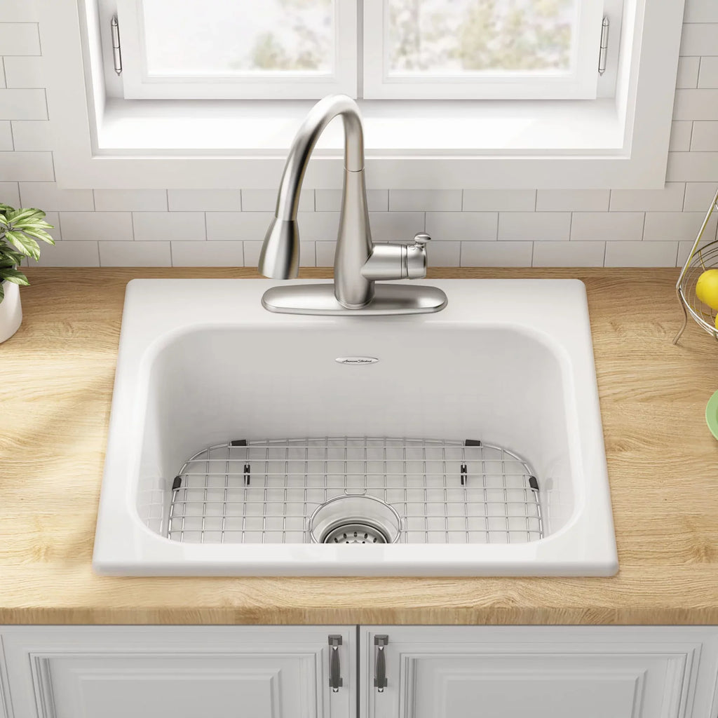 3-Hole Single Bowl Kitchen Sink in Brilliant White. American Standard Quince Drop-in Cast Iron 25 in
