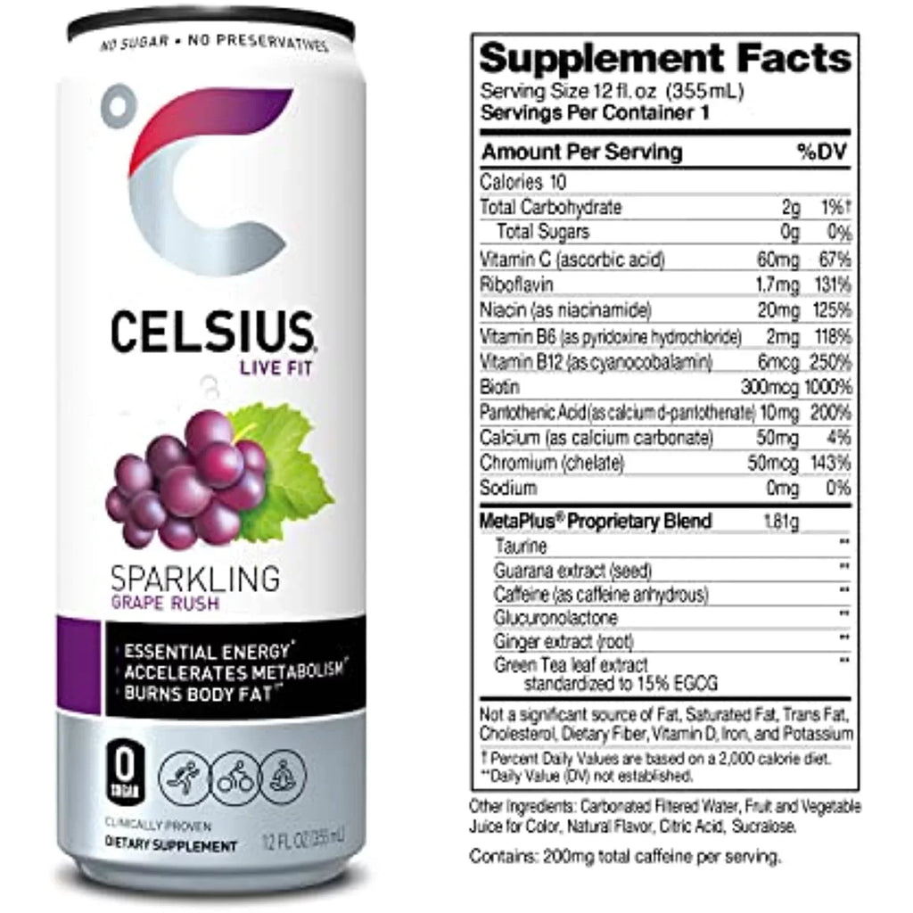 Celsius Essential Energy Drink 12 Fl Oz, Sparkling Grape Rush (Pack Of 12)