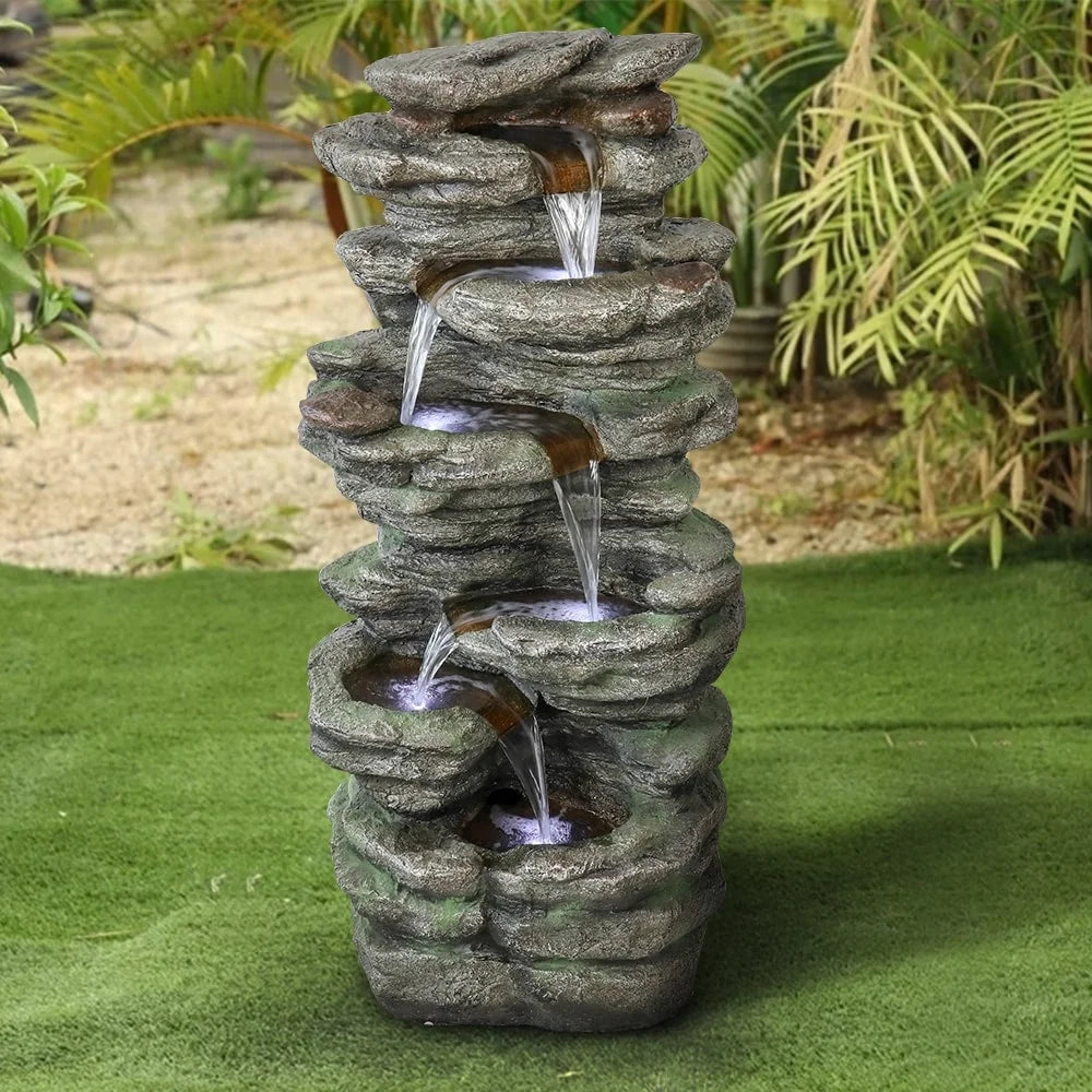 Meedzom 40''H aqua Fountain Outdoor Garden LED Lighted Floor Fountain Natural Polyresin Decor for Patio