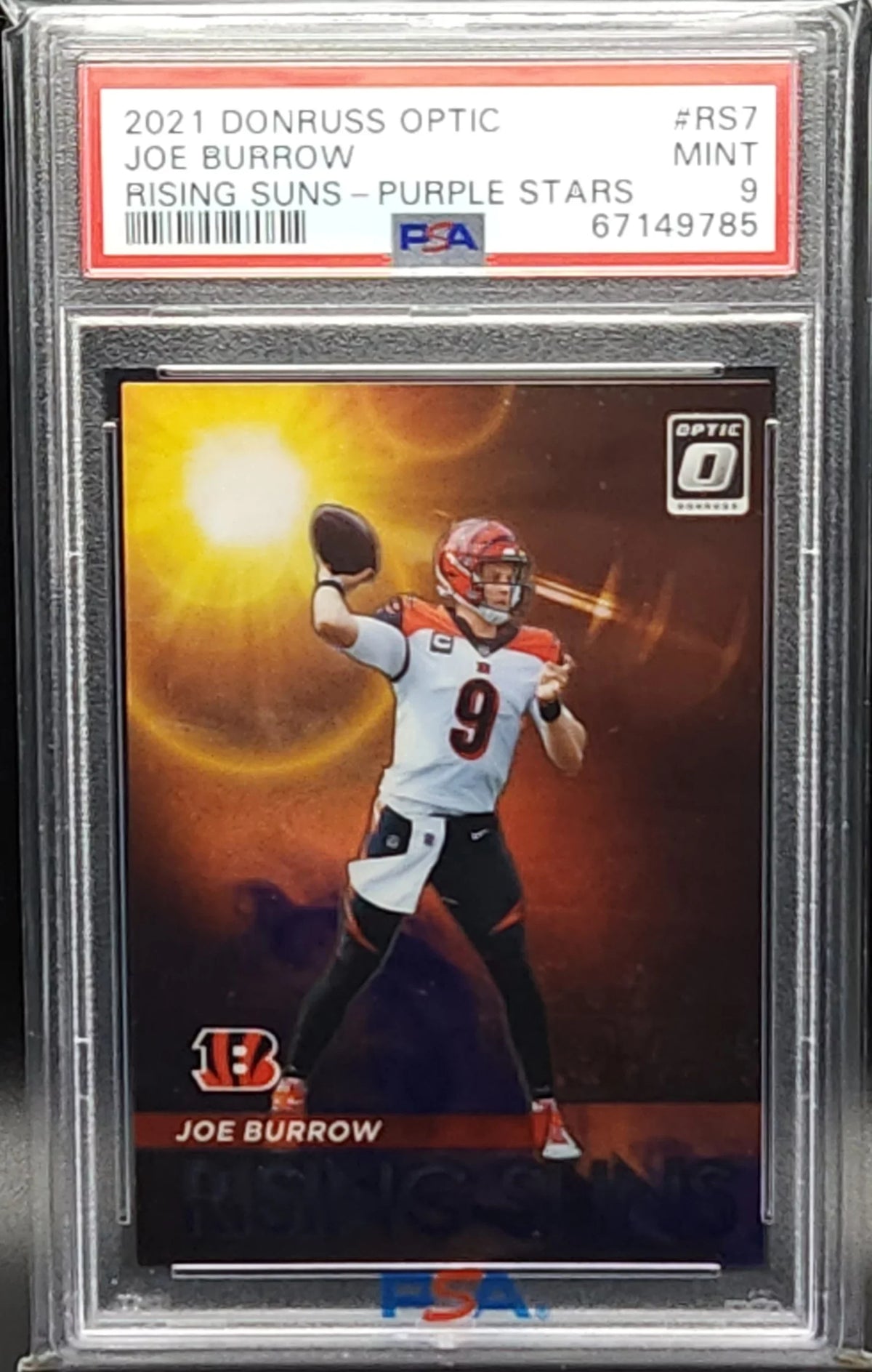 Joe Burrow Bengals 2021 Donruss Optic Rising Suns Purple Stars #1/25 Card PSA 9