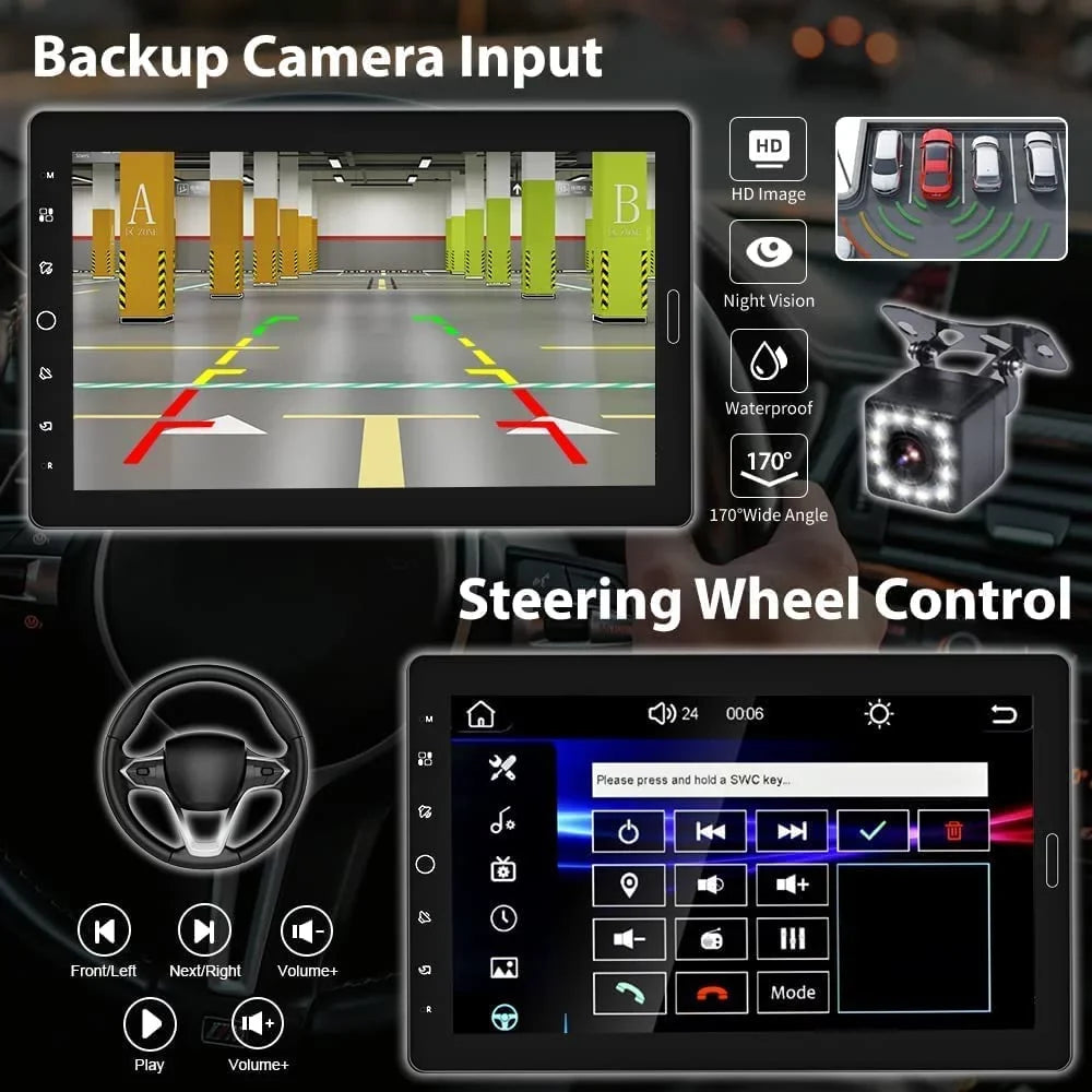 Podofo Single 1 Din 10.1'' Car Stereo Radio  Carplay Android Auto IPS Touch Screen 10 inch Car MP5 Player Bluetooth Mirror Link FM TF Card USB,with Rearview Camera