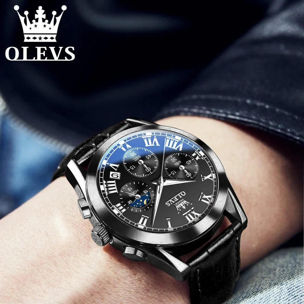 OLEVS Chronograph Watches for Men Luxury Classic Business Sports Mens Watches with Waterproof Luminous Analog Quartz Leather Strap Reloj, Male Wristwatch