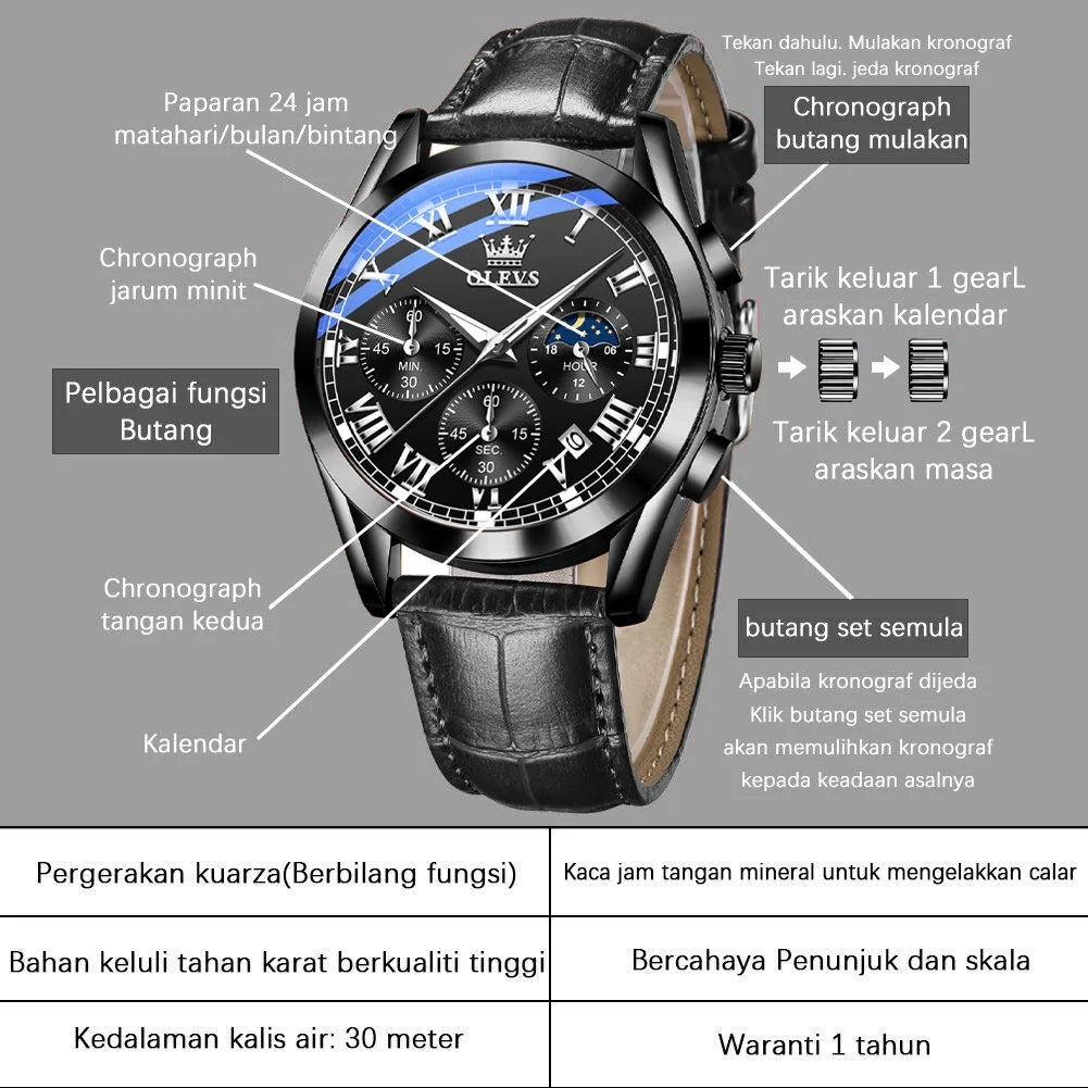 OLEVS Chronograph Watches for Men Luxury Classic Business Sports Mens Watches with Waterproof Luminous Analog Quartz Leather Strap Reloj, Male Wristwatch