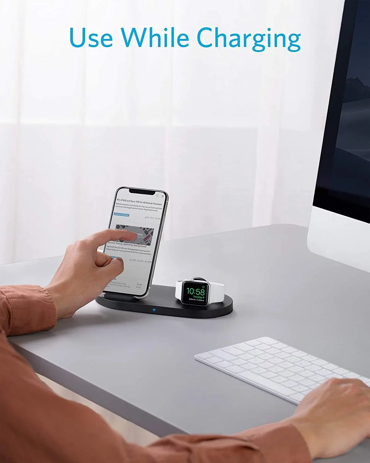 Anker Wireless Charging Station with QC Charger, PowerWave Sense 2-in-1 Stand with Watch Charging Holder for  Watch SE/6/5/4/3/2/1, iPhone SE 2020, 11, 11 Pro (Watch Charging Cable Not Included)