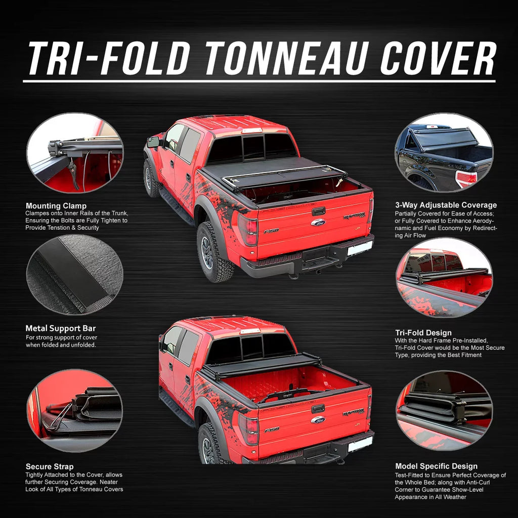 DNA Motoring TTC-TRISOFT-018 For 2009 to 2021 Ram Truck 1500 5.7' Bed Fleetside Tri -Fold Adjustable Soft Top Trunk Tonneau wrap