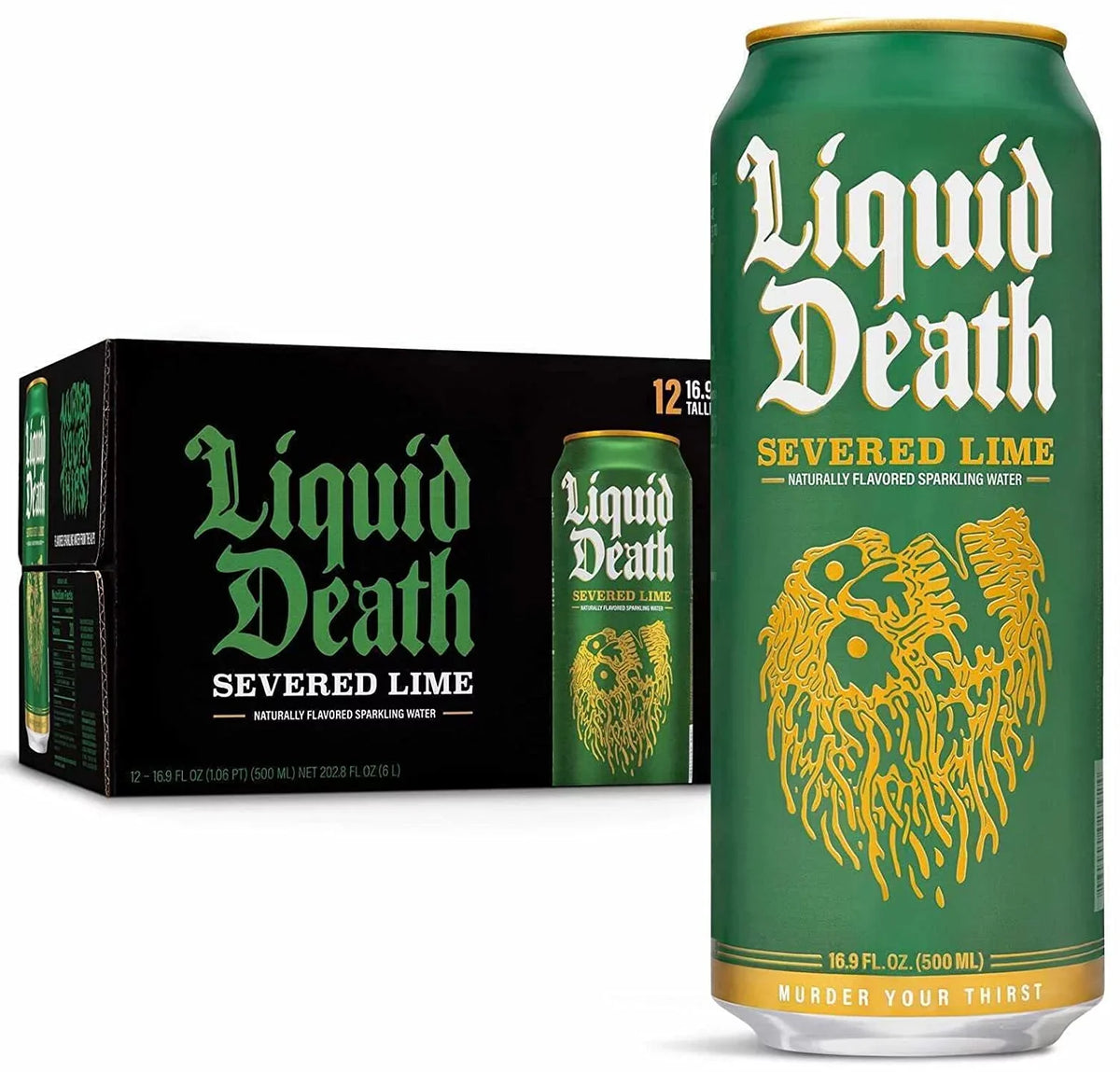 Tallboys (12-Pack). Liquid Death Sparkling aqua, Severed Lime 16.9 oz