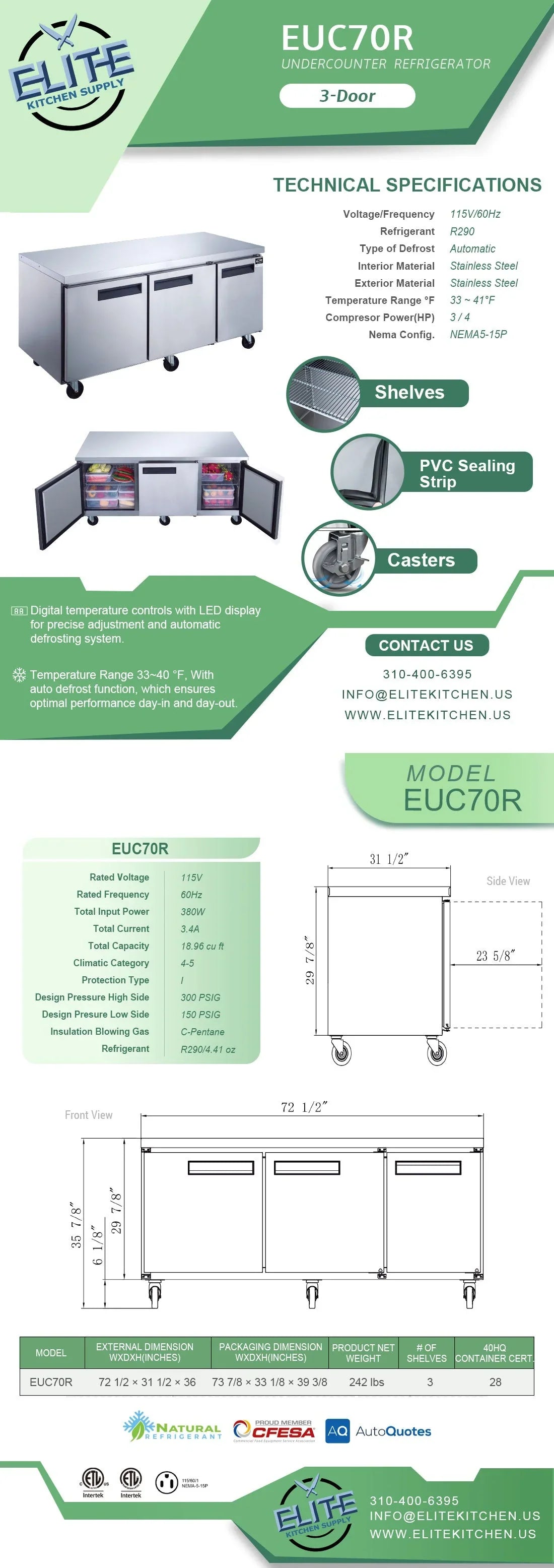 ft.. Three Door Undercounter Commercial Stainless Steel Refrigerator 18.96 cu. 72 in