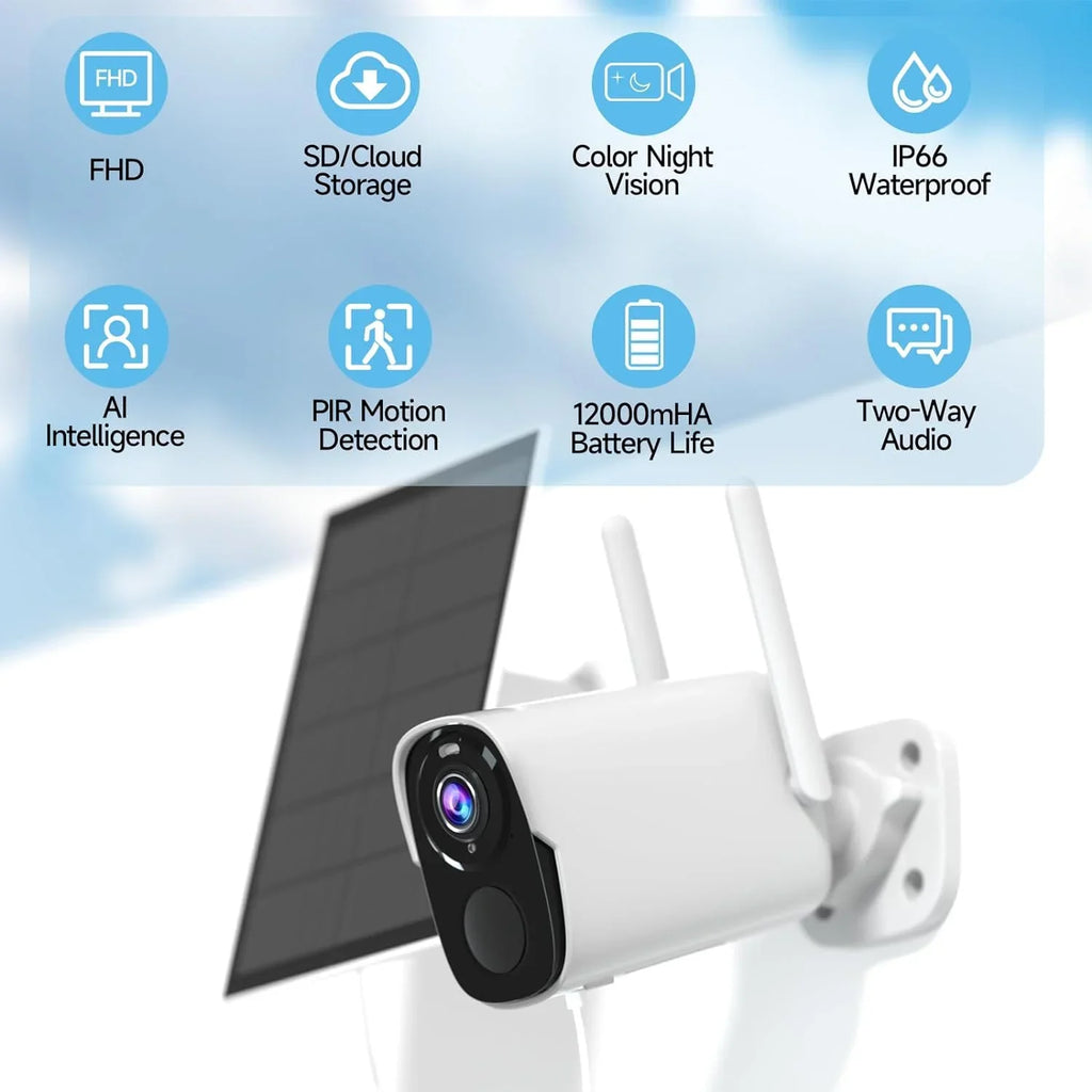 Rraycom Solar Camera Security Outdoor, Solar Powered WiFi System Surveillance Camera with 2K Color Night Vision, 2 Way Talk, Spotlight & Siren, appropriate with Alexa, BW4PLUS-SP, BW4P-SP-W-4PC