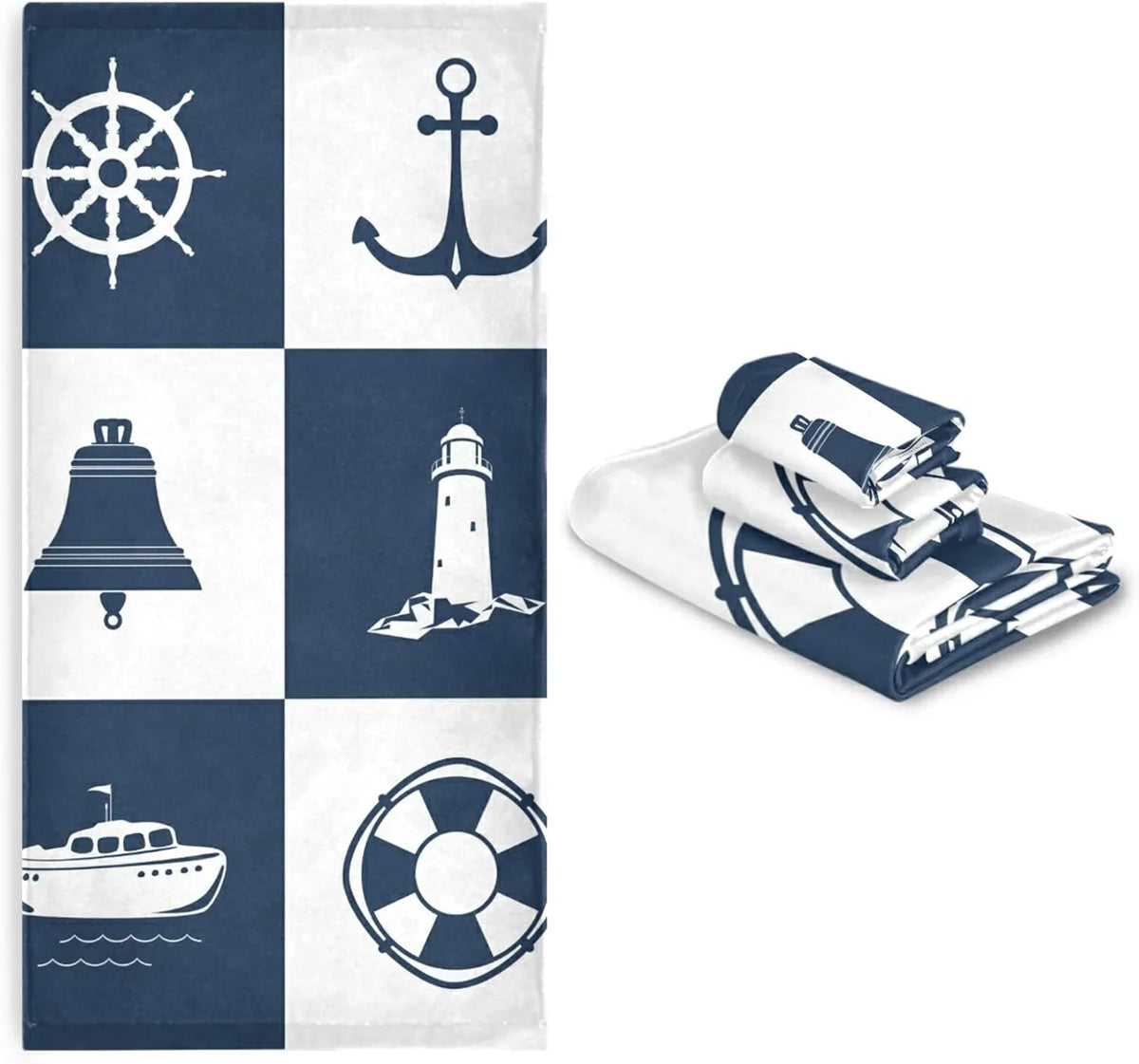 Bestwell Bath Towel Sets for Bathroom Hand Towels Fingertip Towels Sailing Vessel Anchor Lighthouse Checked 3 Piece Decorative Soft Cotton Absorbent