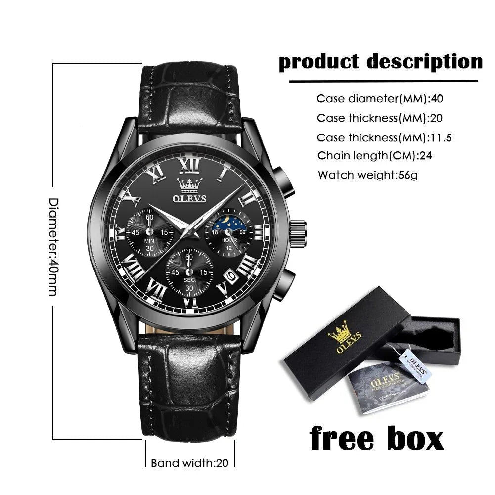 OLEVS Chronograph Watches for Men Luxury Classic Business Sports Mens Watches with Waterproof Luminous Analog Quartz Leather Strap Reloj, Male Wristwatch