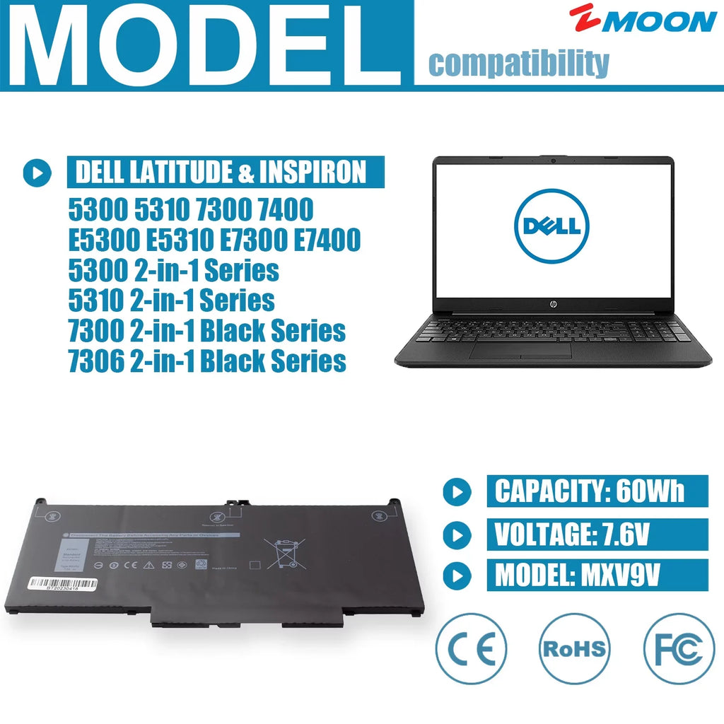 MXV9V Laptop Battery for  Latitude 5300 5310 7300 7400 Inspiron 7300 7306 2 in 1 Black, P96G P97G P99G P100G