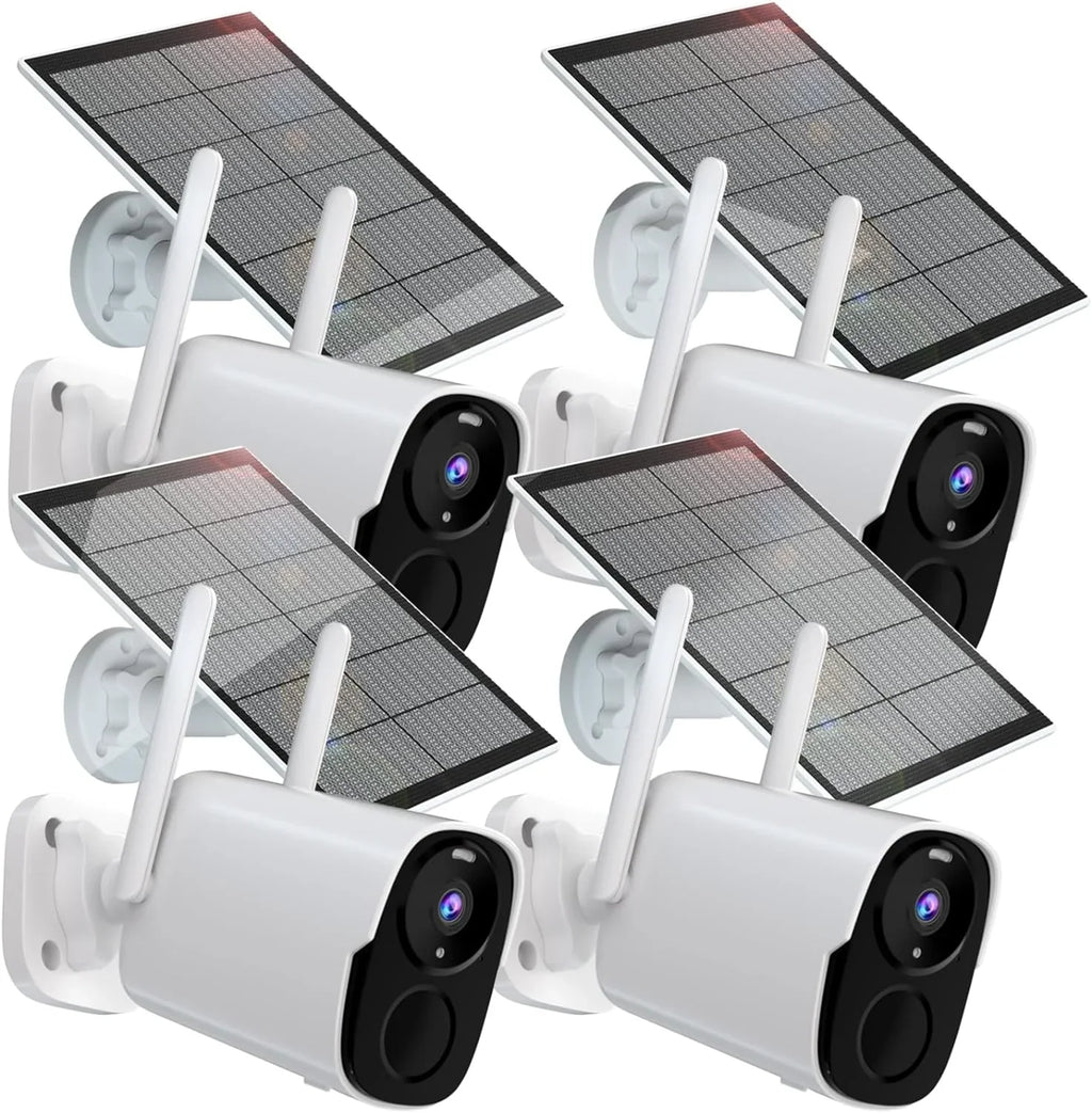 Rraycom Solar Camera Security Outdoor, Solar Powered WiFi System Surveillance Camera with 2K Color Night Vision, 2 Way Talk, Spotlight & Siren, appropriate with Alexa, BW4PLUS-SP, BW4P-SP-W-4PC