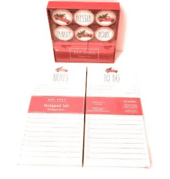 BLESSED, HOME. Rae Dunn by OCS Designs 6 Piece Glass Dome Christmas Magnet Set: RED TRUCK, FAMILY