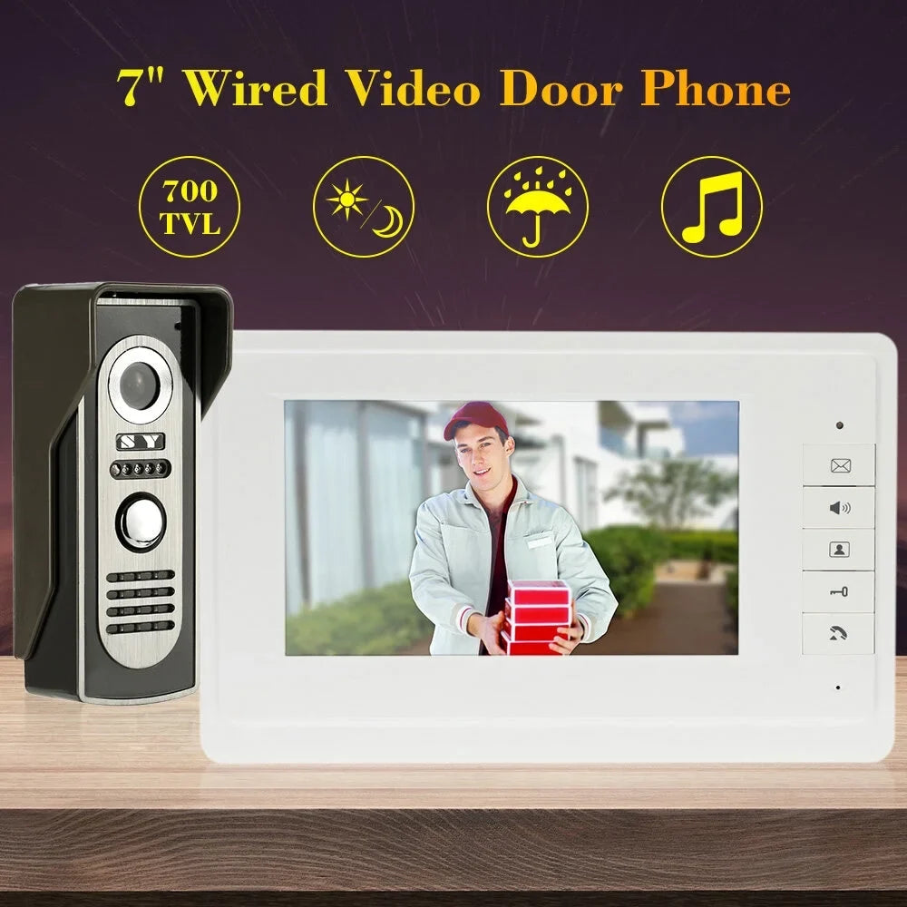 7” Wired Video Door Phone System Visual Doorbell with Indoor Monitor and Outdoor Camera support Unlock Infrared Night View Rainproof for Home
