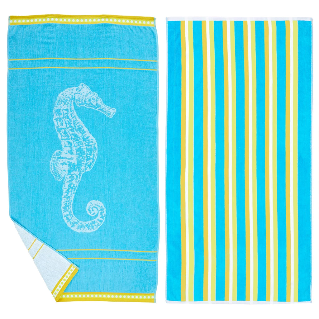top-notch Bay Home Cotton Printed 2-Pack Beach Towel  (2 Pack - 30" x 60", Seahorse Blue / Yellow)