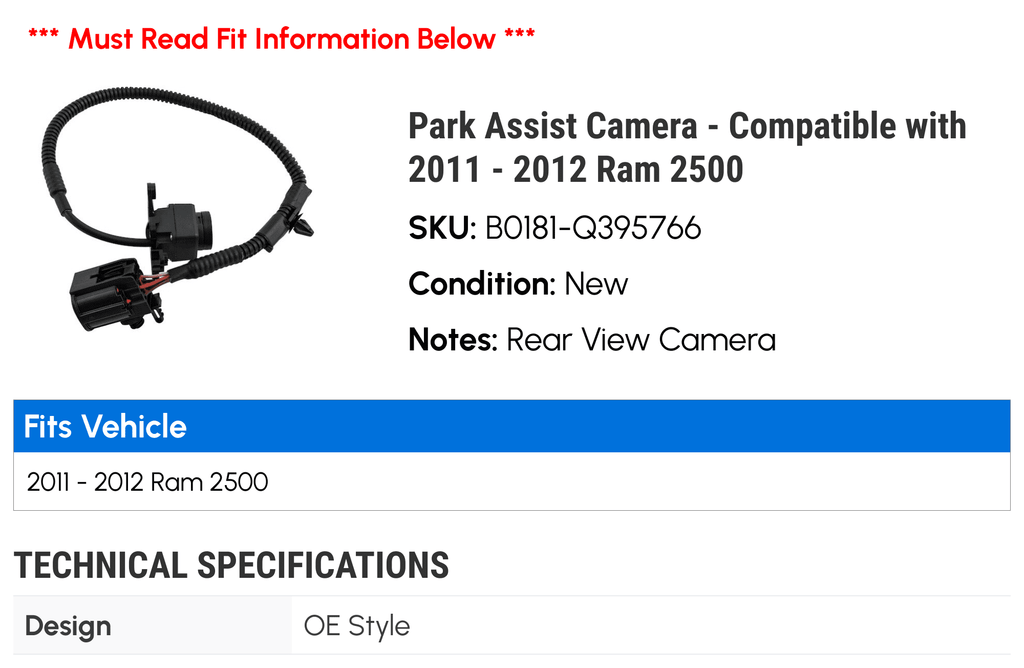 Park Assist Camera - matching with 2011 - 2012 Ram 2500