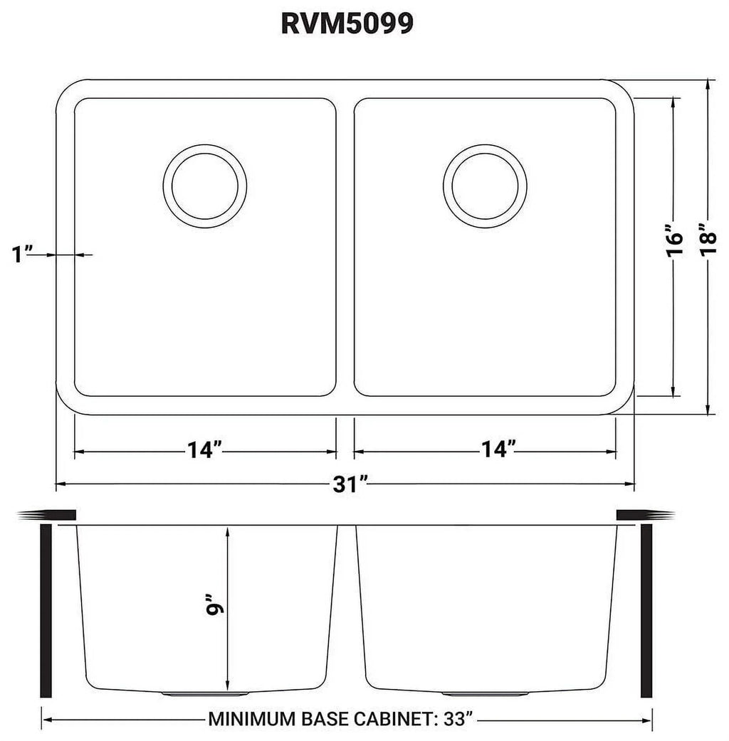 Undermount 50-50 Double Bowl 16 Gauge Stainless Steel Kitchen Sink. Ruvati USA RVM5099 31 in