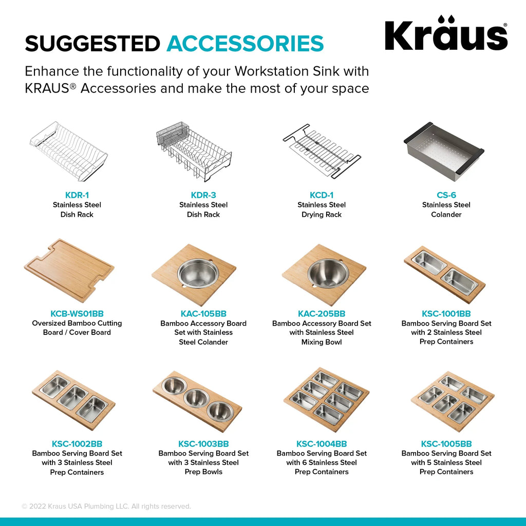 Drop-In / Undermount Workstation16 Gauge Stainless Steel Single Bowl Kitchen Sink with Accessories. Kraus Kore 33 in