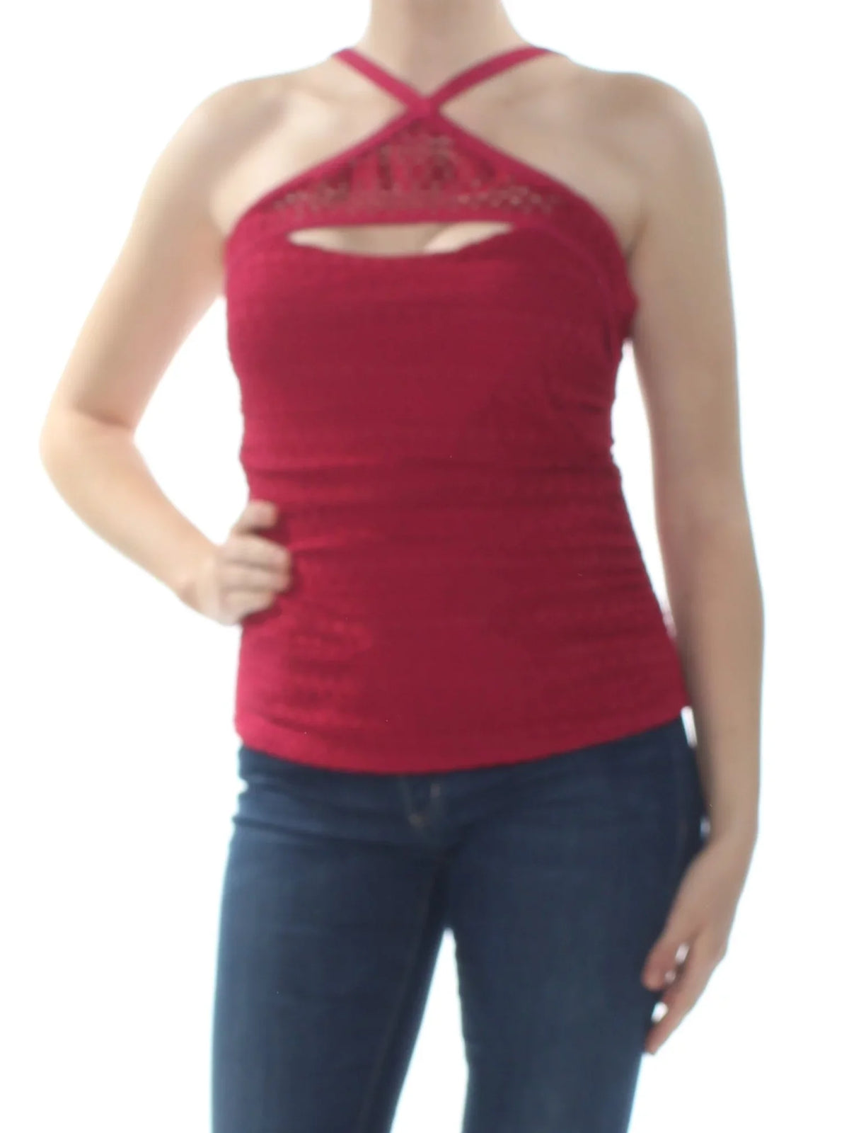 ISLAND ESCAPE $34 Womens Red Lost At Sea Crochet High Neck Tankini Top 10 B+B