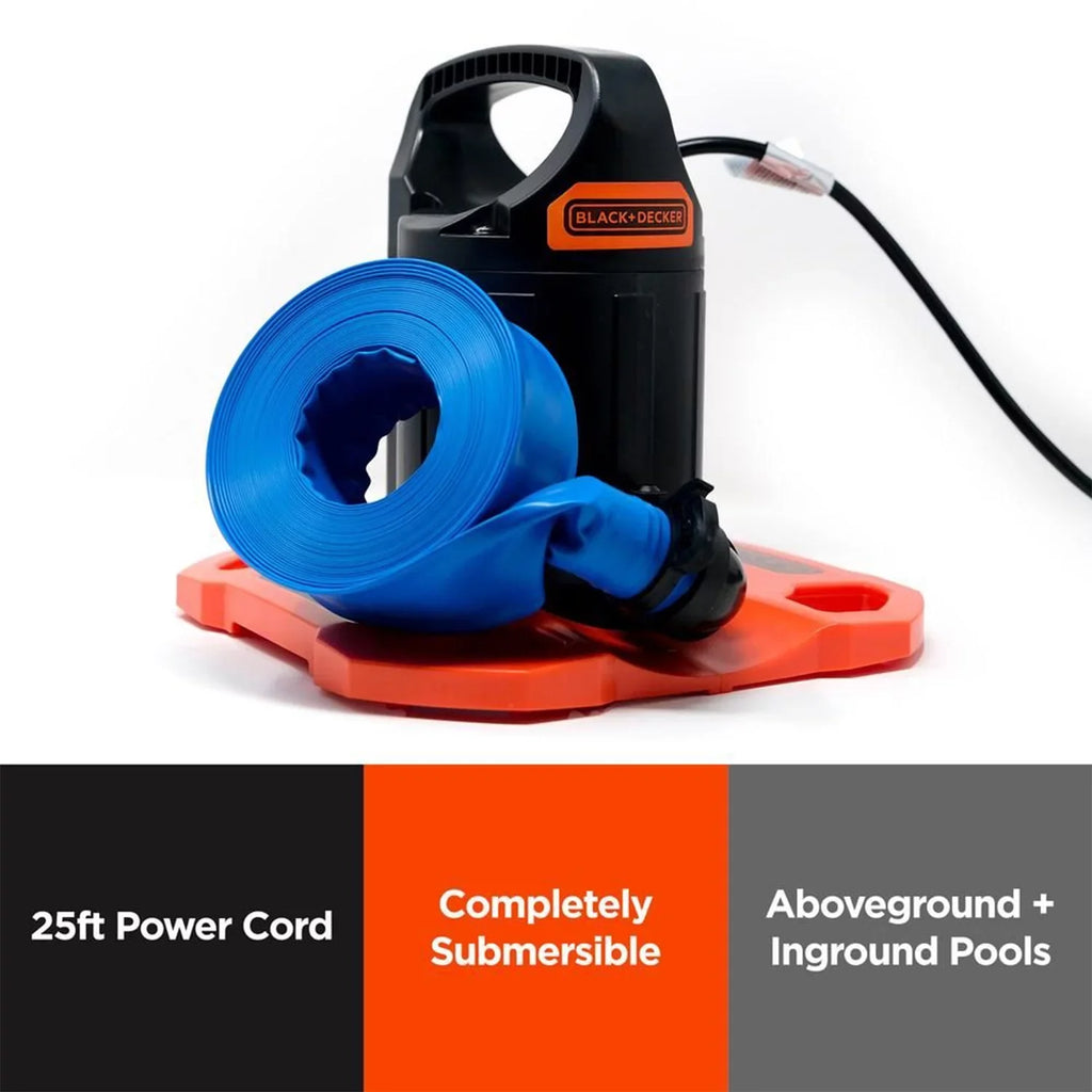 Black+Decker 1500 GPH Submersible Automatic Pool wrap Pump with Discharge Hose