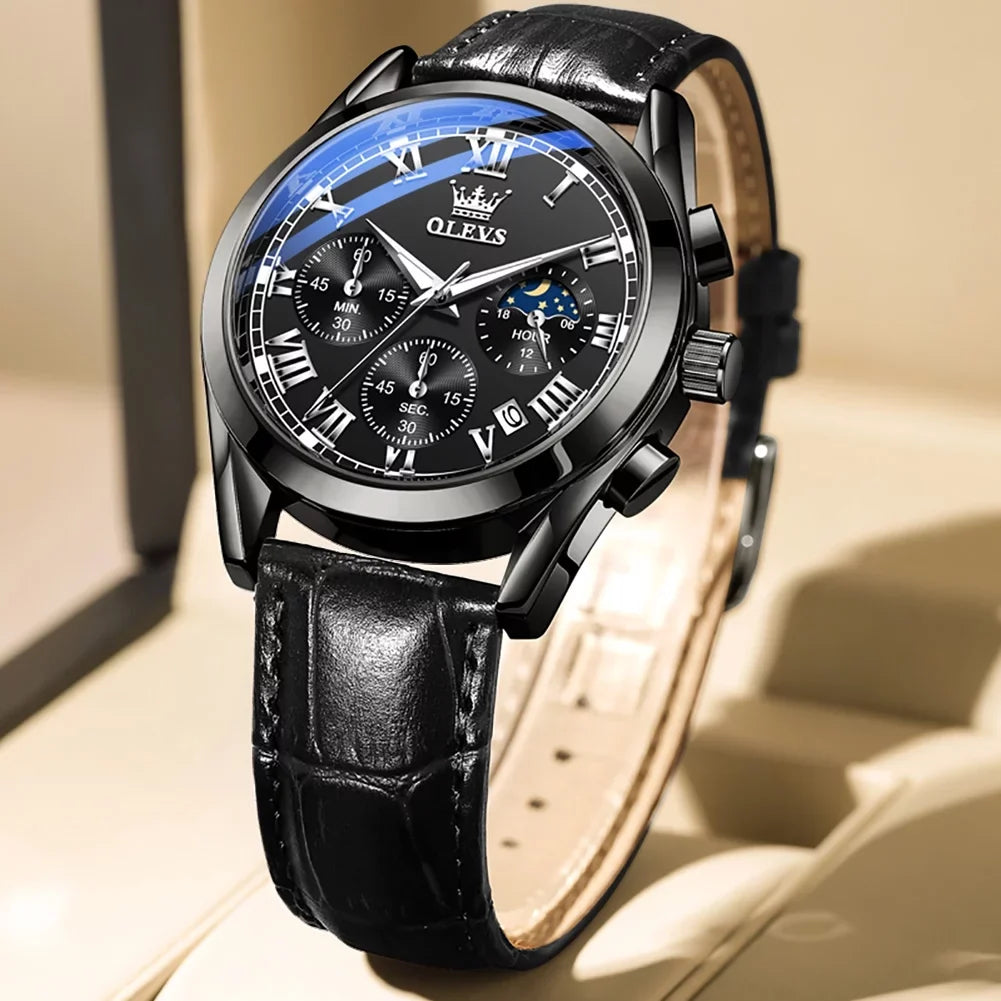 OLEVS Chronograph Watches for Men Luxury Classic Business Sports Mens Watches with Waterproof Luminous Analog Quartz Leather Strap Reloj, Male Wristwatch