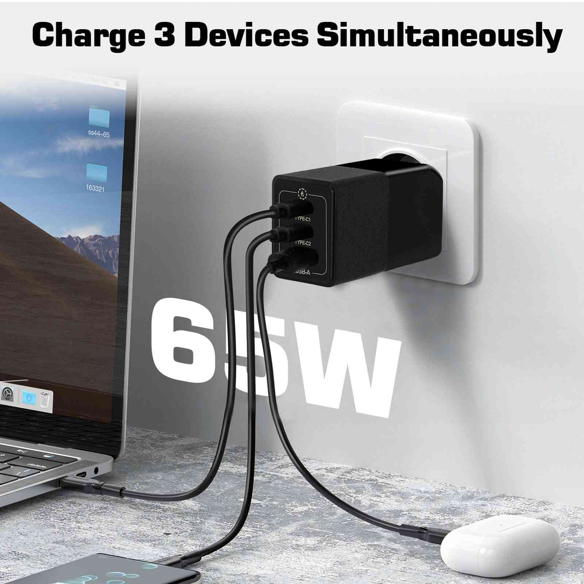 UrbanX 65W Fast Travel Charger with 3 Ports - USB & Dual USB-C - High-Speed Charging matching with Coolpad Cool S1, iPhone,  Galaxy, Google Pixel, MacBook, Steam Deck, Laptops & Phones